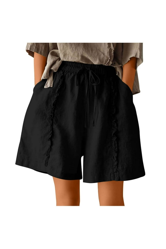Htigea Women's Plus Size Cotton Linen Shorts Elastic High Waisted Drawstring Pants Summer Loose Fit Ruffled Short Pants Teen Girl Y2K Lounge Pant with Pockets