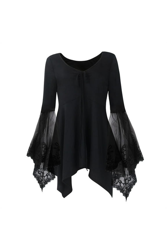 Women's Plus Size Gothic Shirts Lace Batwing Sleeve V-Neck Tops Flowy Irregular Hem Holiday Party Blouses Black 4XL