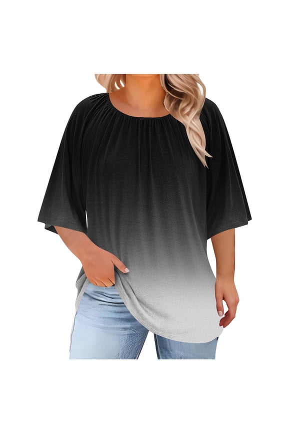Women's Plus Size T Shirt Raglan Sleeve Pleated Crewneck Tees Casual Loose Curvy Flowy Tunic Shirts Gradient Color Beach Vacation Tops Black L