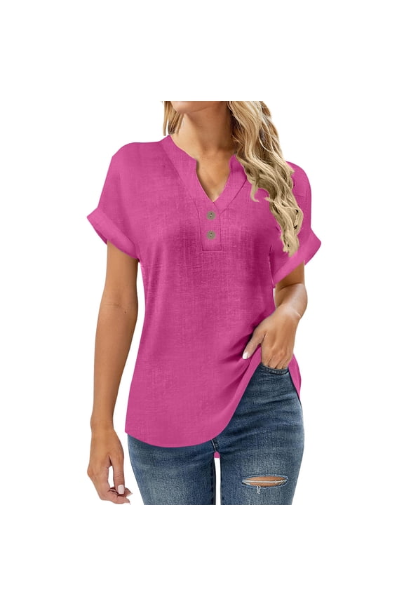 Women's Plus Size T-Shirts Cotton Linen V-Neck Short Sleeve Shirts Casual Loose Fit Summer Tee Solid Color Everyday Tops Hot Pink XXXXXL