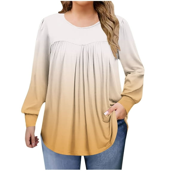 Htigea Women's Plus Size T Shirts Pleated Front Crewneck Top Casual Long Sleeve Loose Tunic Tee Trendy Gradient Color Blouse Orange L