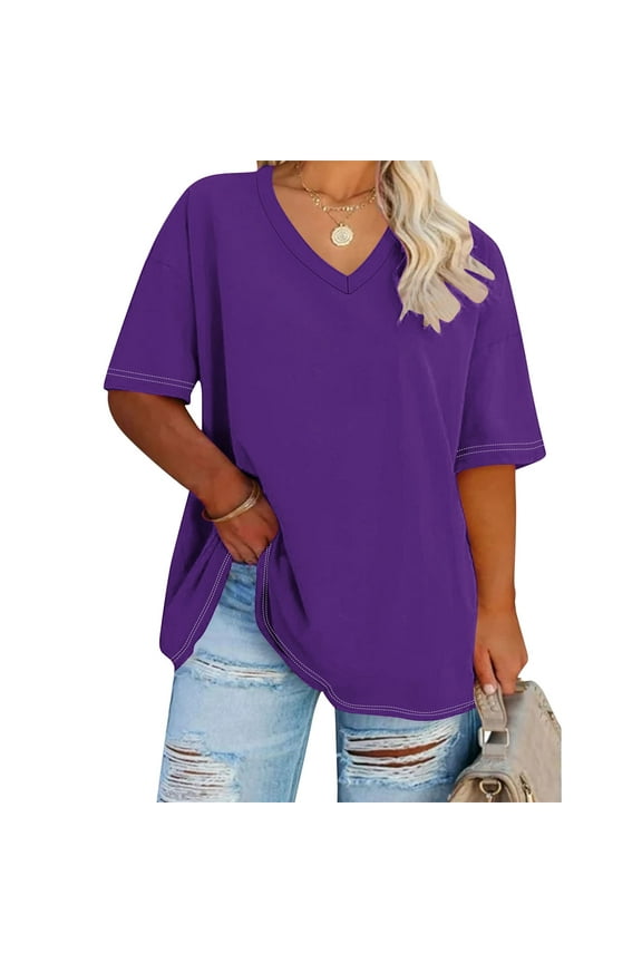 Women's Plus Size T Shirts Summer V-Neck Short Sleeve Tops Casual Loose Fit Tunic Tees Solid Color Versatile T-Shirts Purple XL