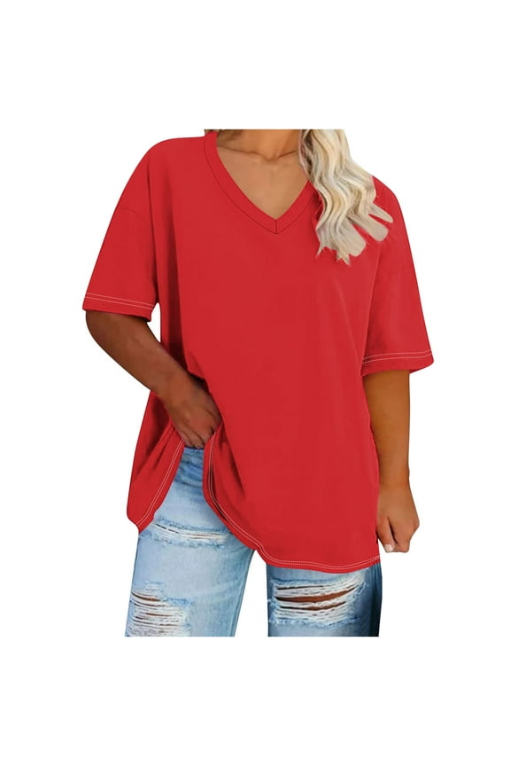 Women's Plus Size T Shirts Summer V-Neck Short Sleeve Tops Casual Loose Fit Tunic Tees Solid Color Versatile T-Shirts Red S