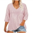 thumbnail image 1 of Htigea Women's Plus Size Tops Sequin 3/4 Sleeve V Neck Tshirts Solid Color Casual Loose Tee Dressy Holiday Party Blouse Pink,L, 1 of 9