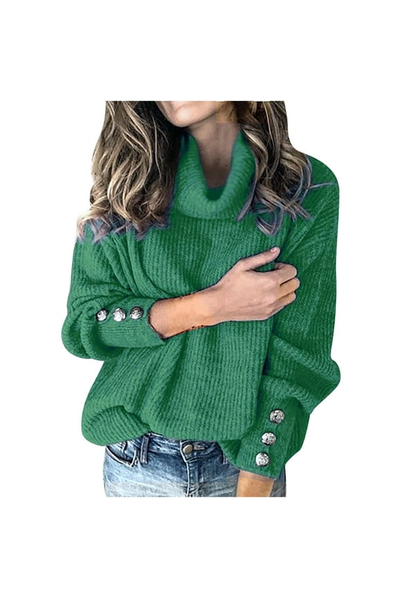Women's Plus Size Turtleneck Sweaters Baggy Long Sleeve Buttons Pullover Solid Fall Winter Knit Jumper Tops Green M