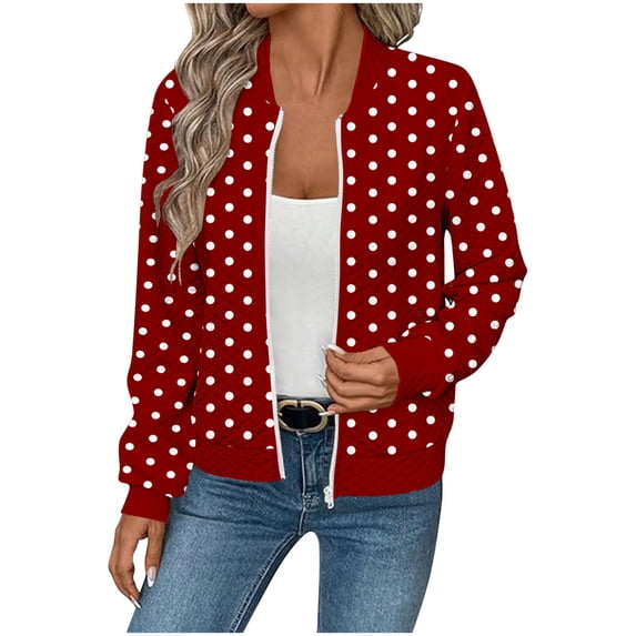 Htigea Women's Polka Dots Bomber Jacket Fall Zip Up Long Sleeve Coat Lightweight Everyday Casual Outerwear with Pockets Red XXL
