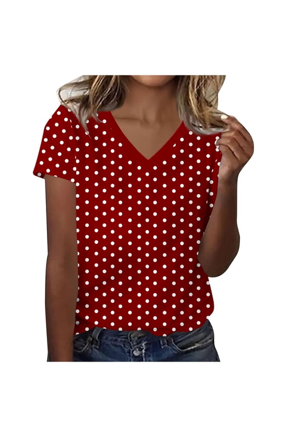 Women's Polka Dots T-Shirts Summer V-Neck Short Sleeve Tops Cute Tee Casual Trendy Going Out Blouses Wine XL