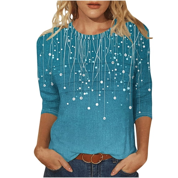 Htigea Women's Printed Shirts Casual 3/4 Sleeve Crewneck Tshirts Loose Tunic Tee Pullover Soft Comfy Leisure T Shirt Tops Blue,L