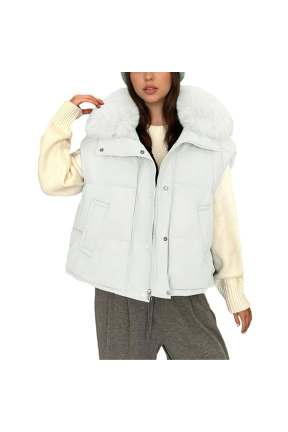 Women's Puffer Vest Stand Collar Zip Up Padded Vests Sleeveless Quilted Jackets with Pockets White L