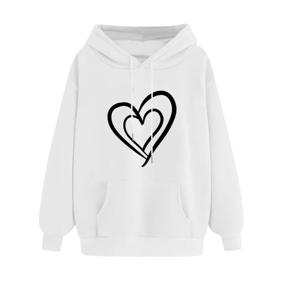 Htigea Women's Pullover Hoodies Cute Heart Graphic Sweatshirts Drawstring Hooded Pullover Long Sleeve Casual Loose Fit Tops Fall Winter Outfits White S