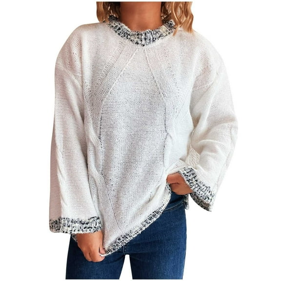 Htigea Women's Pullover Sweaters Patchwork Crew Neck Long Sleeve Jumpers Casual Loose Fit Knit Tops White L