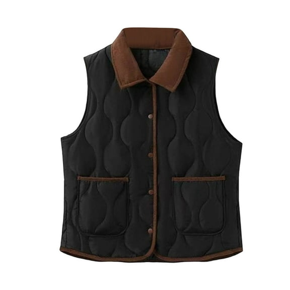 Htigea Women's Quilted Jackets Contrast Color Sleeveless Lapel Vest Lightweight Fall Waistcoat Snap Button Coats with Pockets Black XXXL