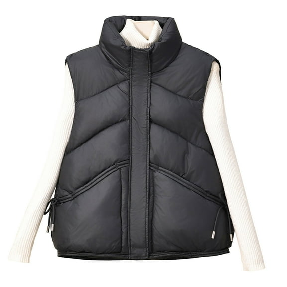 Htigea Women's Quilted Puffer Vest Lightweight Sleeveless Jackets Solid Zip Up Stand Collar Coats with Pockets Black L