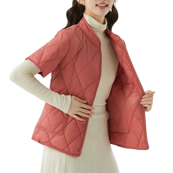 Htigea Women's Quilted Vest Lightweight Short Sleeve Snap Jacket with Pockets Thick Warm Home Coats Red M