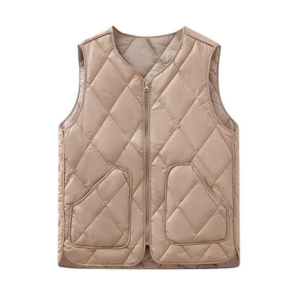 Htigea Women's Quilted Vest Lightweight Zip Up Padded Gilet Fall Solid Sleeveless Jackets with Pockets Khaki XXXL