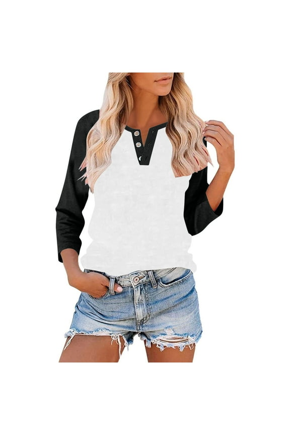 Women's Raglan 3/4 Sleeve Tshirt Contrast V Neck Buttons Top Casual Loose Tunic Tee Trendy College Baseball T-Shirt Black,S