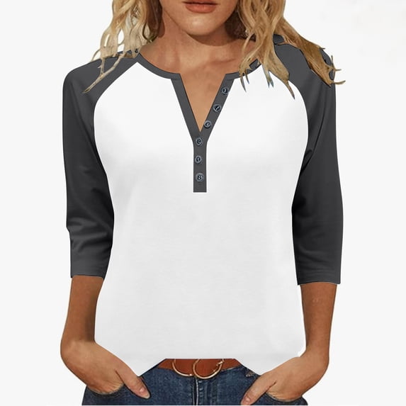 Htigea Women's Raglan Shirts 3/4 Sleeve Button V-Neck Henley Tops Fall Pullover Tees Trendy Color Block Baseball Shirt Gray XXXL