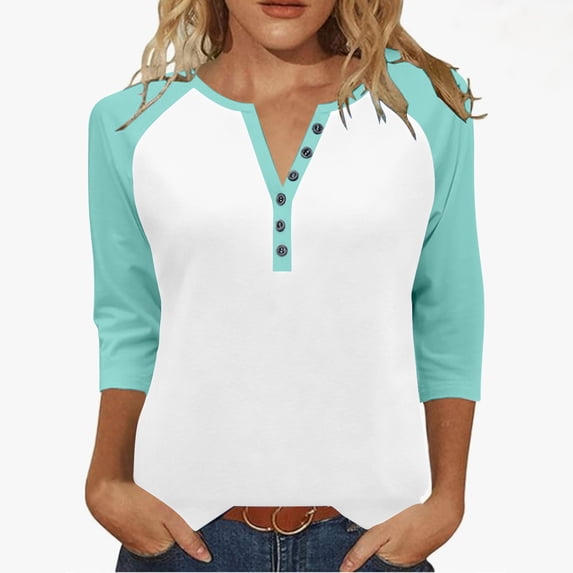 Htigea Women's Raglan Shirts 3/4 Sleeve Button V-Neck Henley Tops Fall Pullover Tees Trendy Color Block Baseball Shirt Green XL