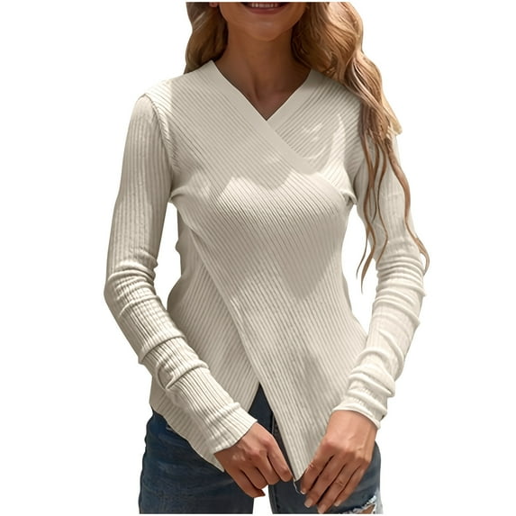 Htigea Women's Ribbed Knit Sweater Criss Cross Front Long Sleeve Slim Fit Pullover Tops Elegant Party Going Out Blouse Beige L