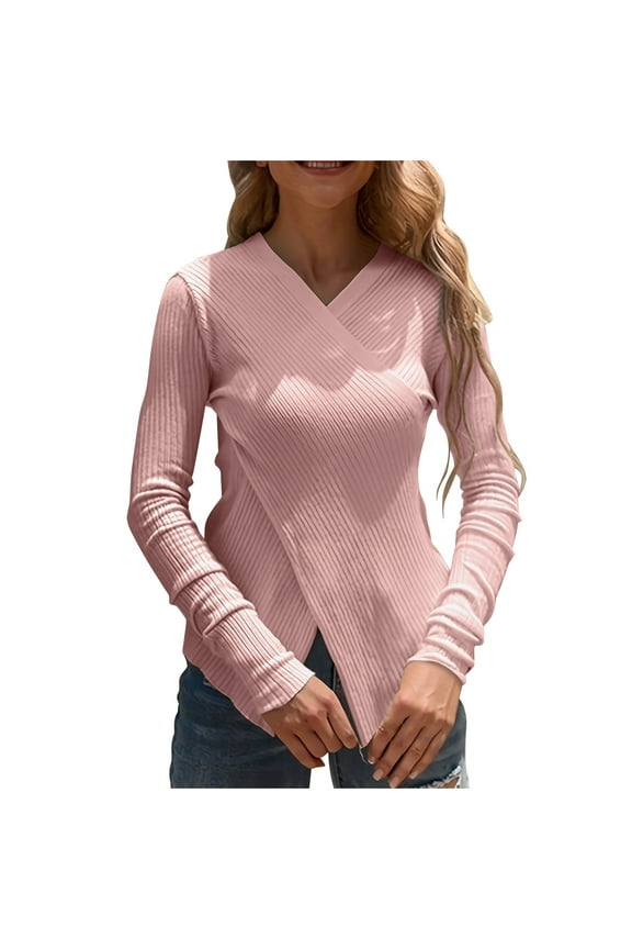Women's Ribbed Knit Sweater Criss Cross Front Long Sleeve Slim Fit Pullover Tops Elegant Party Going Out Blouse Pink M