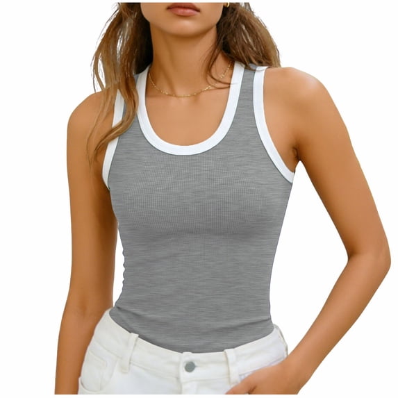 Htigea Women's Ribbed Tank Top Color Block Crewneck Sleeveless T Shirts Summer Fitted Going Out Tanks Gray S