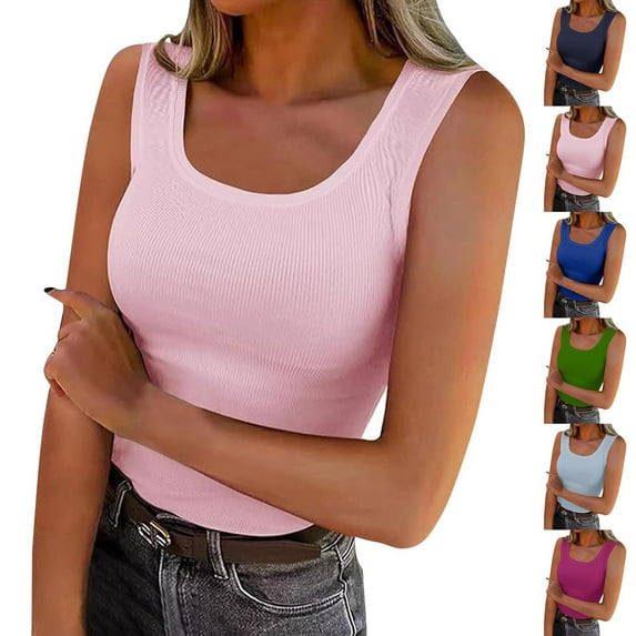 Htigea Women's Ribbed Tank Tops Knit Scoop Neck Sleeveless Fitted Casual Tops Summer Slim Basic Tee Shirts Hot Pink,M