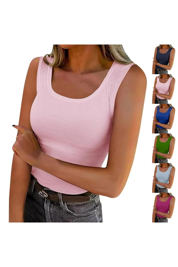 Htigea Women's Ribbed Tank Tops Knit Scoop Neck Sleeveless Fitted Casual Tops Summer Slim Basic Tee Shirts Light Blue,S