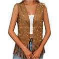 thumbnail image 1 of Htigea Women's Rivets Tassel Vest Faux Suede Sleeveless Jacket Western Open Front Fringe Cardigan Coats Brown L, 1 of 6