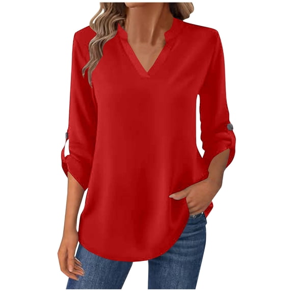 Htigea Women's Rolled Sleeve Work Shirts Dressy V-Neck Pullover Top Solid Color Work Office Commute Blouses Red M