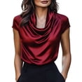 thumbnail image 1 of Htigea Women's Satin Blouse Elegant Cowl Neck Cap Sleeve Tee Dressy Work Office Shirts Solid Color Going Out Tops ZA Wine L, 1 of 7