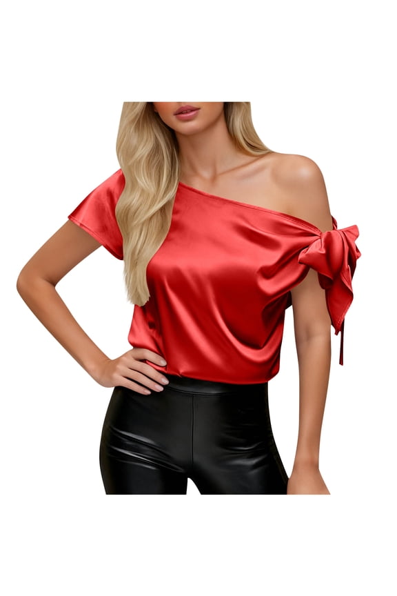 Women's Satin Tops Off Shoulder Short Sleeve Asymmetrical Neck Blouse Elegant Party Date Night Shirts Red XXL