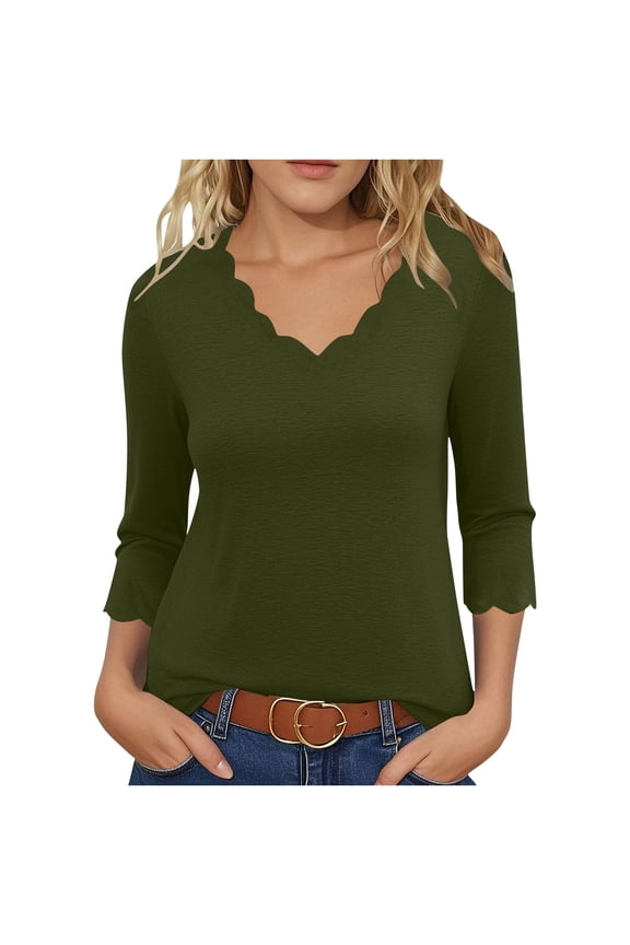 Women's Scalloped Trim V Neck 3/4 Sleeve Tee Casual T Shirts Tops Elegant Going Out Blouse Army Green,L