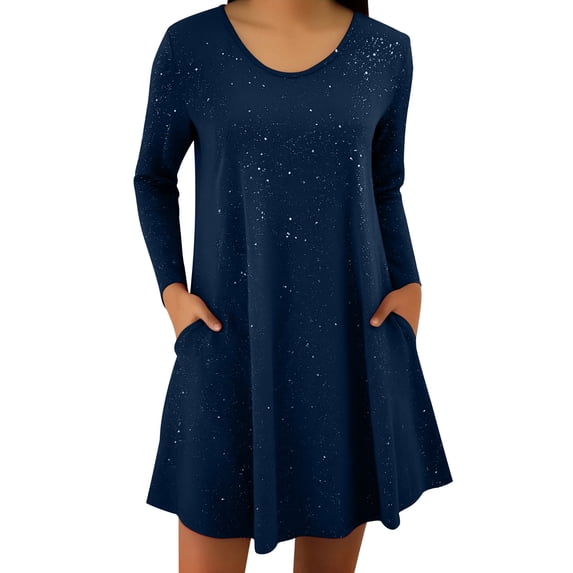 Htigea Women's Sequin Sparkly Dress with Pocket Long Sleeve V-Neck Mini Dresses Elegant Party Cocktail Short Dress Navy XL