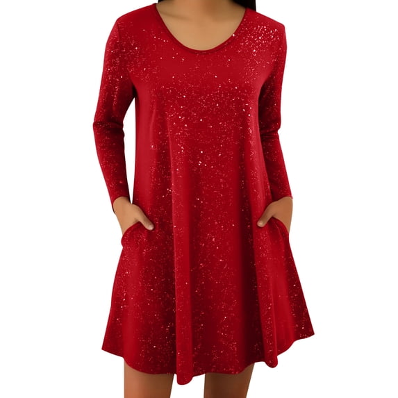 Htigea Women's Sequin Sparkly Dress with Pocket Long Sleeve V-Neck Mini Dresses Elegant Party Cocktail Short Dress Red L