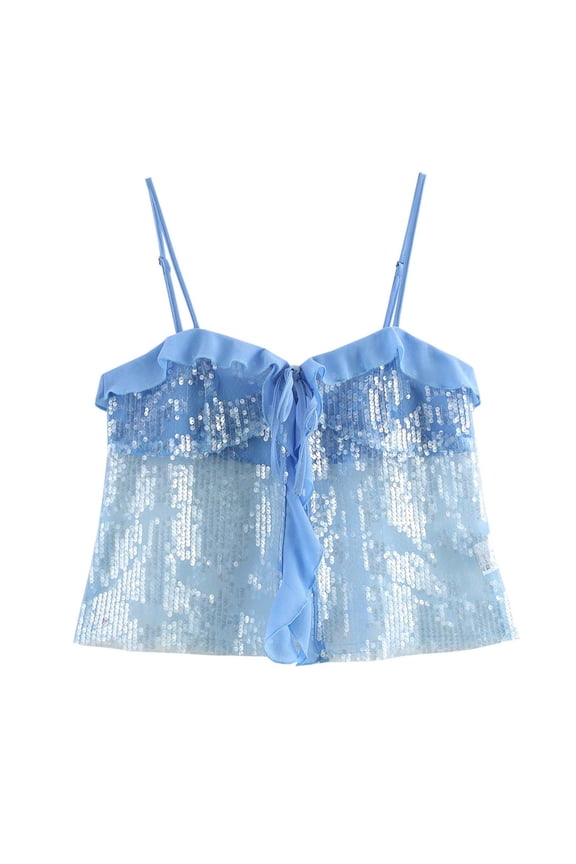 Women's Sequin Tank Top Backless Spaghetti Strap Crop Camisole Summer Ruffled Cami Cute Tees Blue M