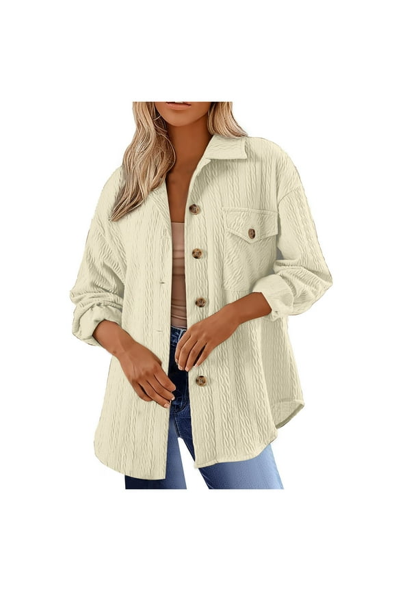 Women's Shacket Cardigans Collared Long Sleeve Button Down Coats Solid Color Boyfriend Pocket Shirts Jackets Beige 2XL