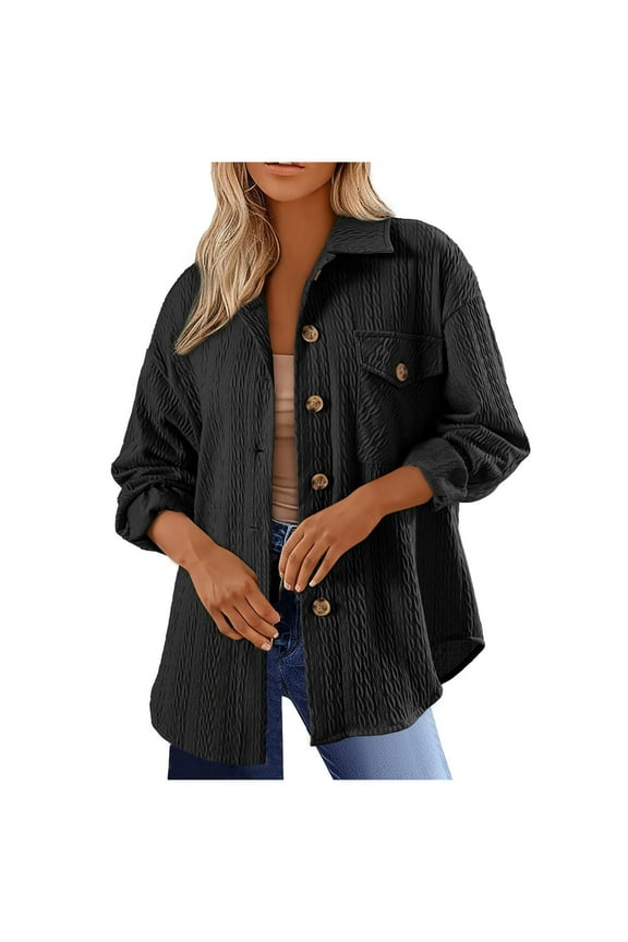 Women's Shacket Cardigans Collared Long Sleeve Button Down Coats Solid Color Boyfriend Pocket Shirts Jackets Black XL