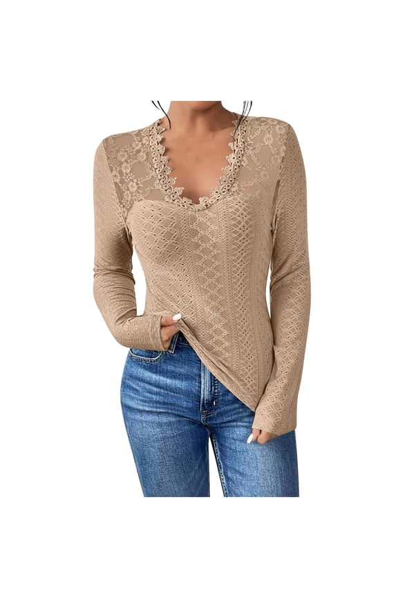 Women's Sheer Lace Trim Tee Shirts Long Sleeve Eyelet Tops Casual V Neck Stretch Slim Blouses Fall Clothes Beige M