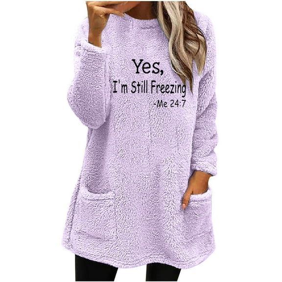Htigea Women's Sherpa Fuzzy Sweatshirts Fleece Long Sleeve Pullover Tunic Tops Winter Soft Comfy Homewear Shirts with Pockets Purple XL