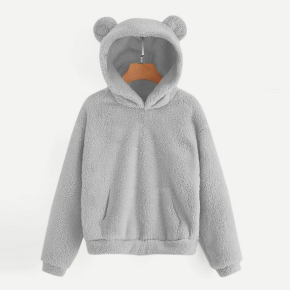 Htigea Women's Sherpa Sweatshirts Cute Bear Ears Hoodies with Pockets Fleece Long Sleeve Pullover Tops Gray XL