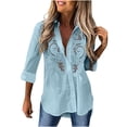 thumbnail image 1 of Htigea Women's Shirt Cardigan Lace Embroidered Long Sleeve Hollow Out Button Down Lapel V Neck Shirts Boho Tops Blue XL, 1 of 6