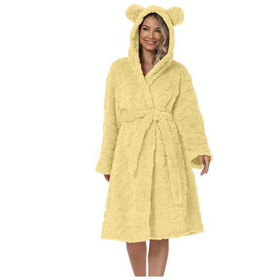 Htigea Women's Short Hooded Bathrobe Plush Flannel Long Sleeve Shower Robe Soft Comfy Loungewear Nightgown Yellow,S