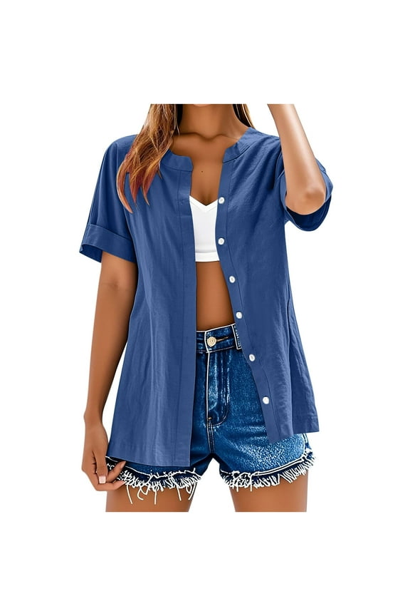 Women's Short Sleeve Cardigan Cotton Linen Button Down Open Front Cardigans Tops Casual Tops Dark Blue,M