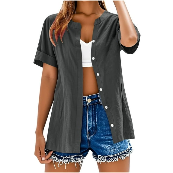 Htigea Women's Short Sleeve Cardigan Cotton Linen Button Down Open Front Cardigans Tops Casual Tops Dark Gray,S