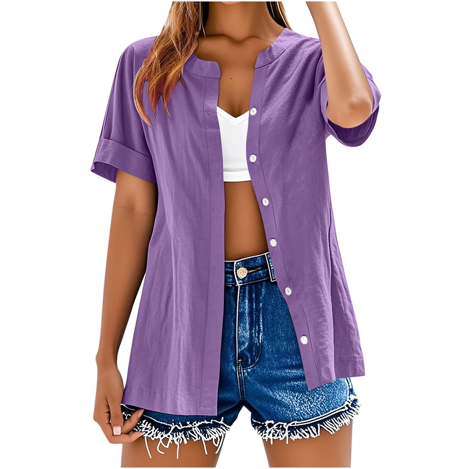 Htigea Women's Short Sleeve Cardigan Cotton Linen Button Down Open