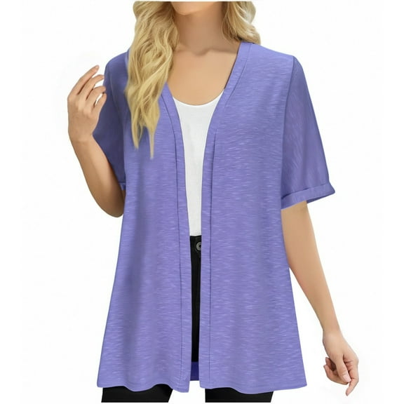 Htigea Women's Short Sleeve Shirts Soft Cozy Open Front Tops Casual Loose Everyday Cardigans Purple,L