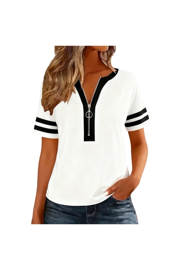 Women's Short Sleeve T Shirts Half Zipper V-Neck Tops Color Block Tees Summer Casual Loose Fit Blouses for Preppy White S