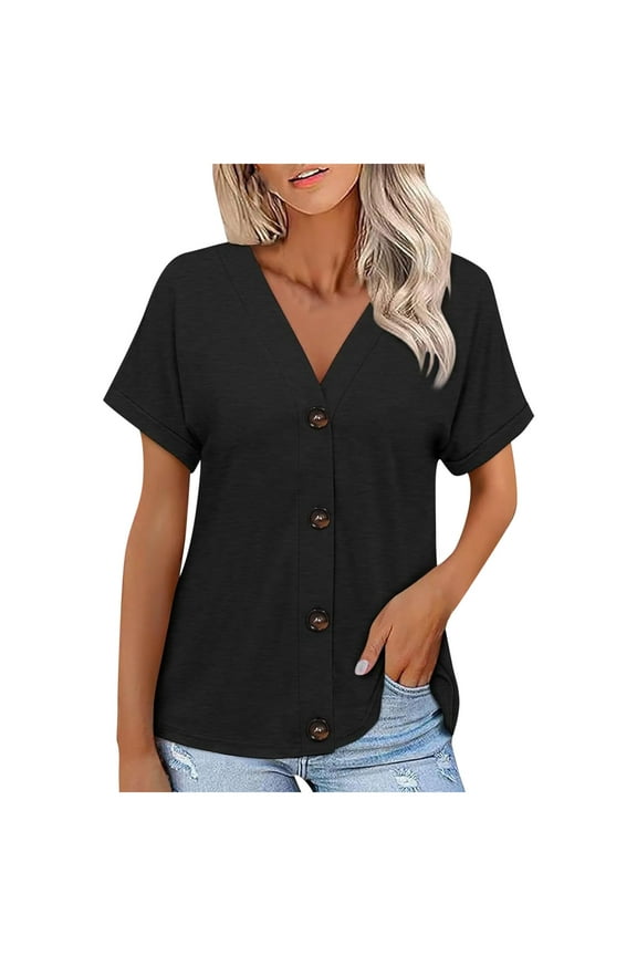 Women's Short Sleeve V Neck Tops Casual Button Down Open Front Shirts Solid Color Basic Blouse Black M
