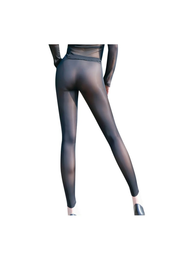 Women's Skinny Leggings See Through Sheer Seamless Bottoms High Waisted Ice Silk Long Pants Soft Smooth Tights Casual Comfy Trousers Black,L