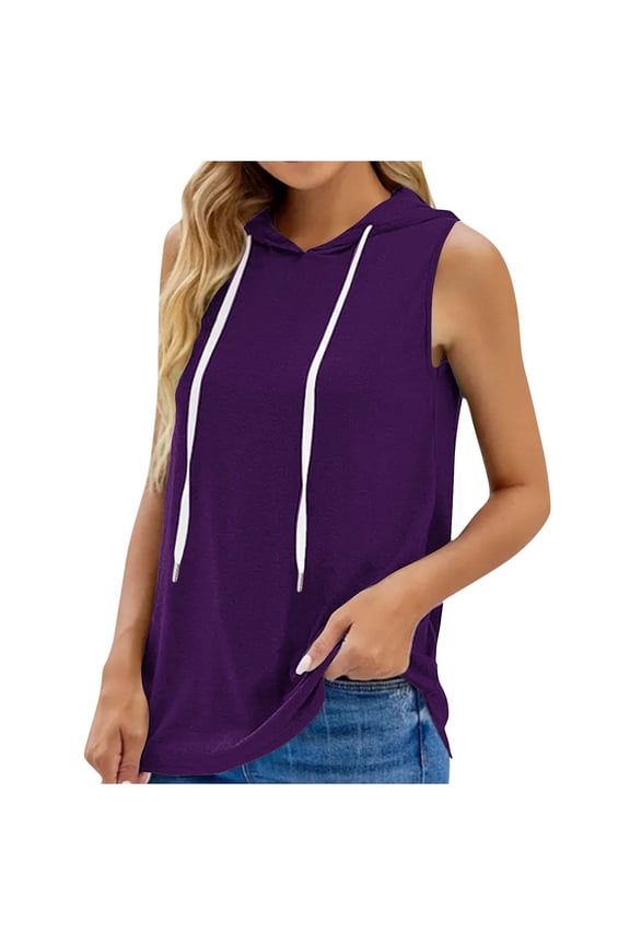 Women's Sleeveless Hoodies Summer Casual Hooded Tank Tops Drawstring Sport Tanks Loose Fit Pullover Undershirts Purple,XL